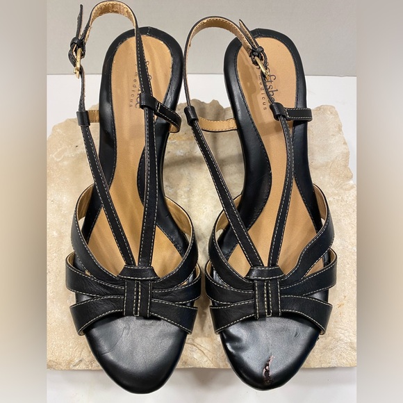 Softshoe by Medicus Black Leather Slingback Peep Toe Low Heel Sandals Sz 9.5 - Picture 8 of 16